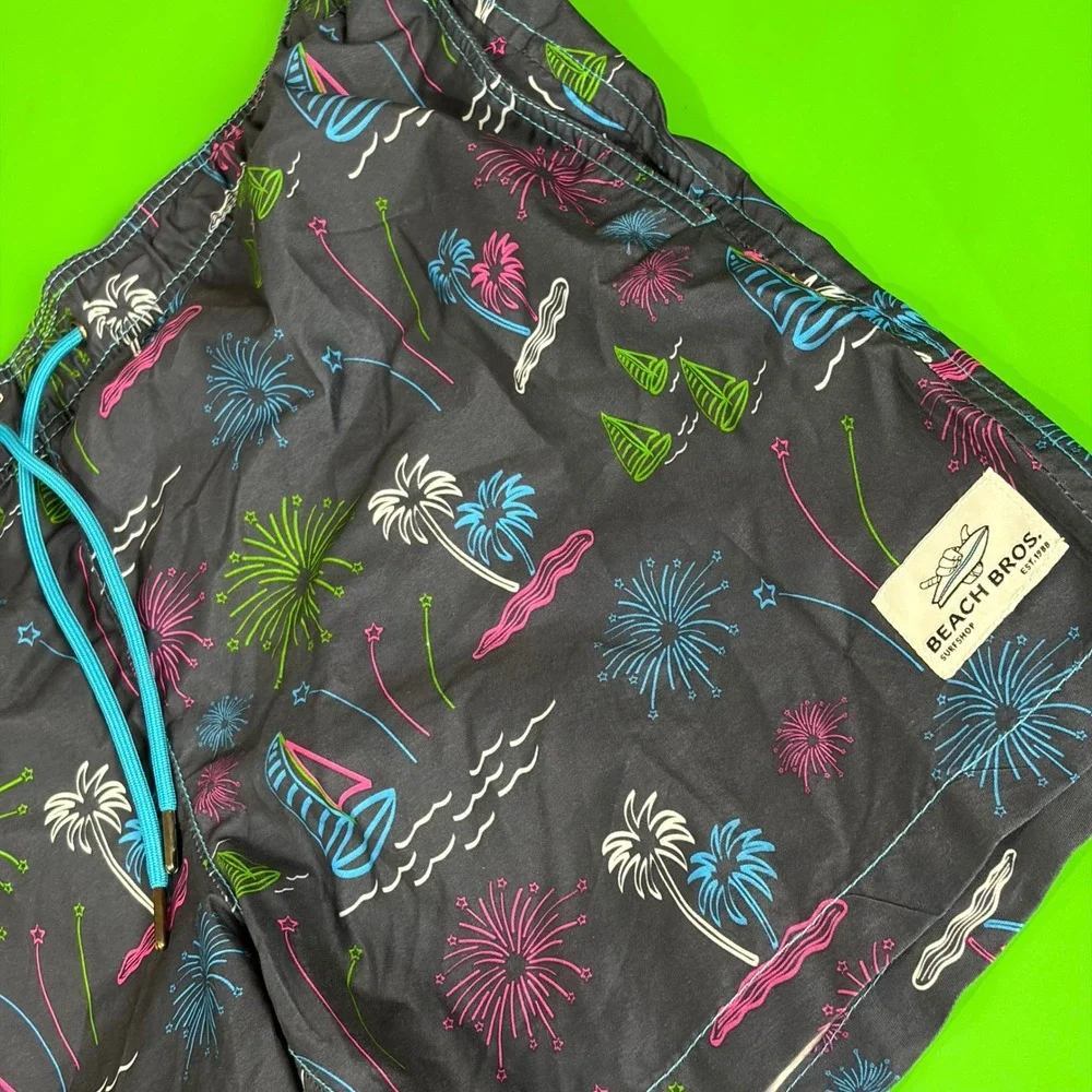 Beach Bros Swim Trunks Mens L Black Tropical Neon AOP Surf Board Shorts Vacation